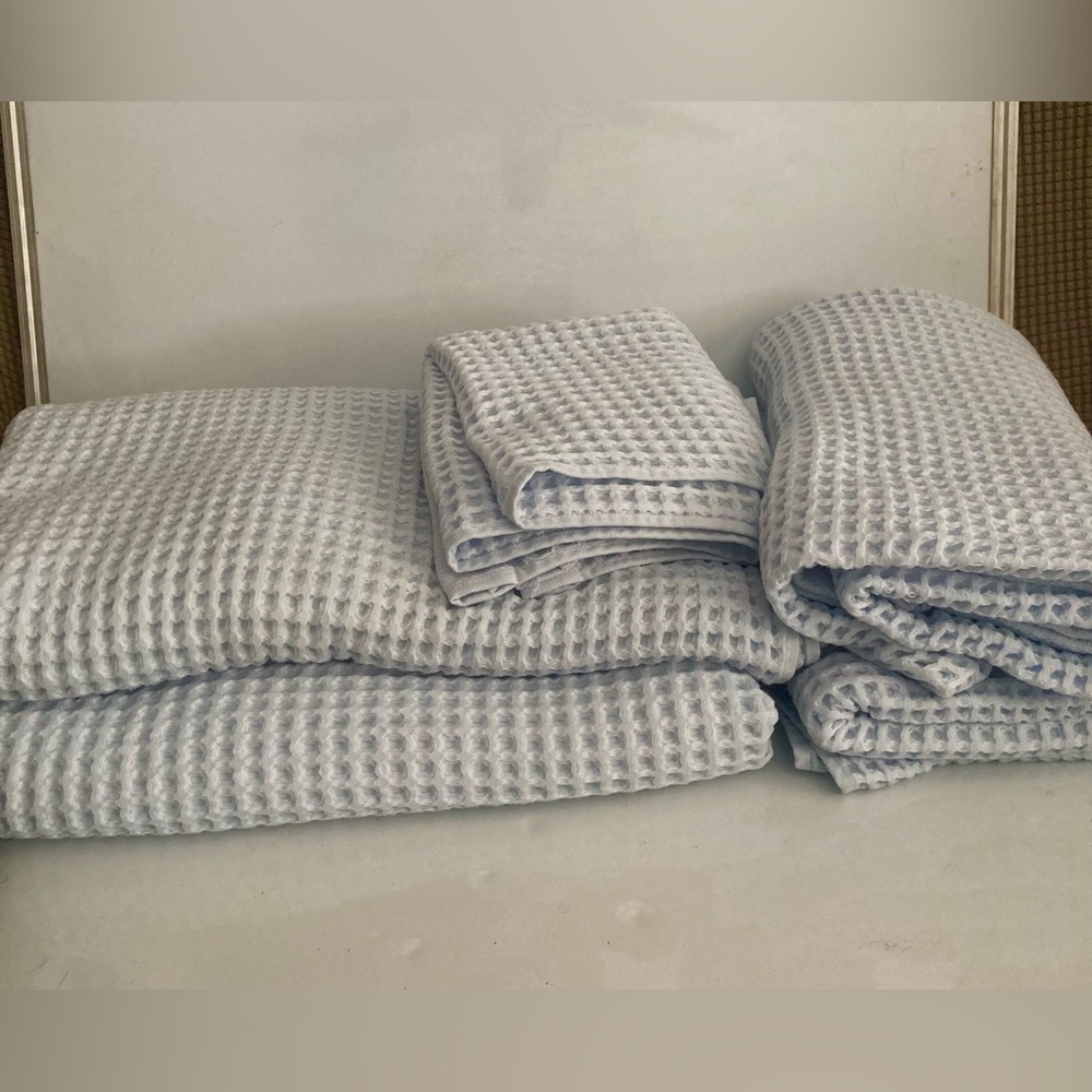 Brooklinen Dreamweave Waffle BLUE MIST  SET 2 Bath Sheets 2 Towel 1 Hand New 5pc